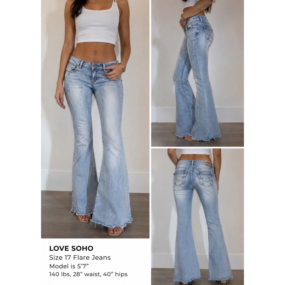Love Soho Med Wash Raw Hem Flare Jeans Sz 17 Blue Denim Y2K Boho Festival Retro